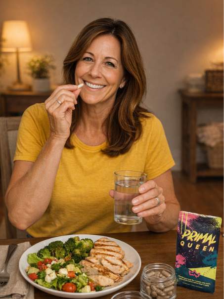 barbara taking primal queen beef liver capsule at dinner